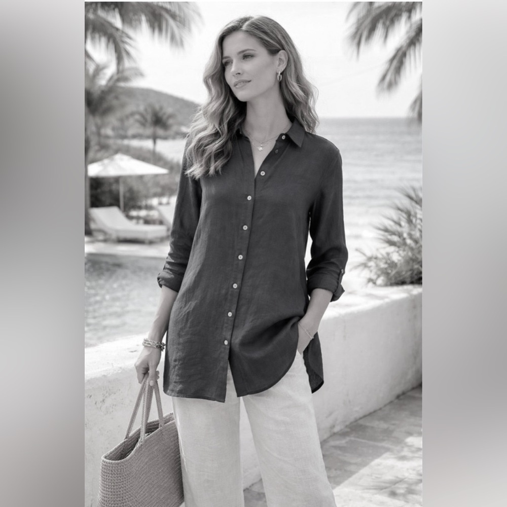 Women’s M Black LINEN & Cotton Button Down long sleeve Shirt Tunic NWOT